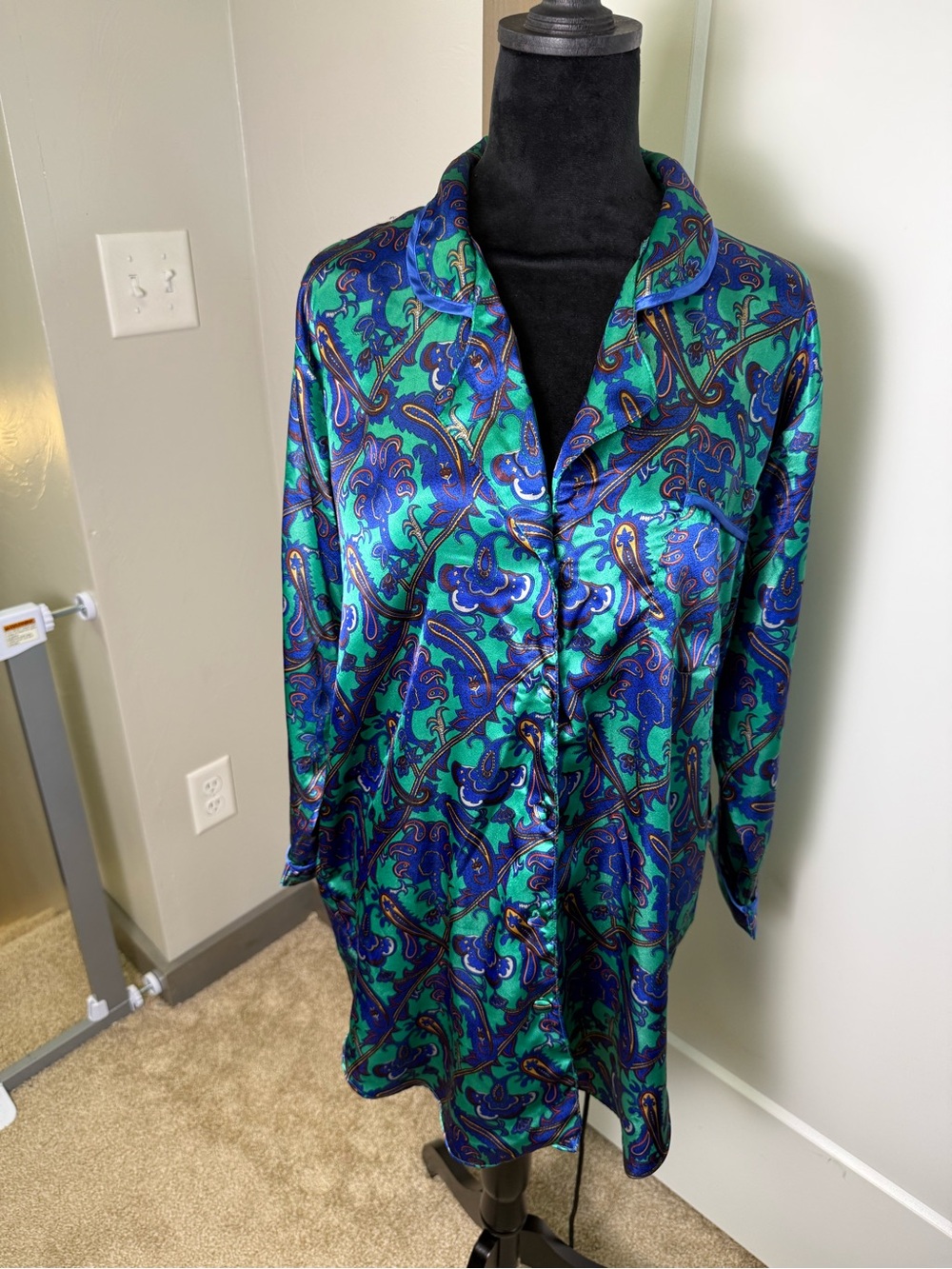 Vintage Kathryn Blue Green Jewel Tone Button Front Night Gown Paisley Short L